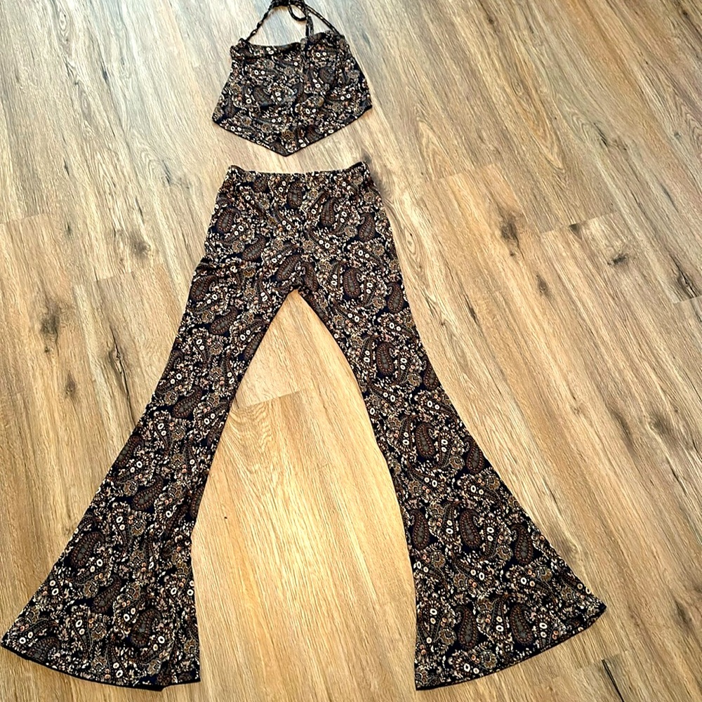 Lovely Day Blue Two-Piece Outfit Halter Top and Bell Bottoms, Small